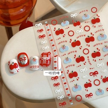 🎀新店開業🎀ins手繪蘋果美甲貼紙可愛新年童趣浮雕立體蝴蝶結背膠diy指甲貼紙