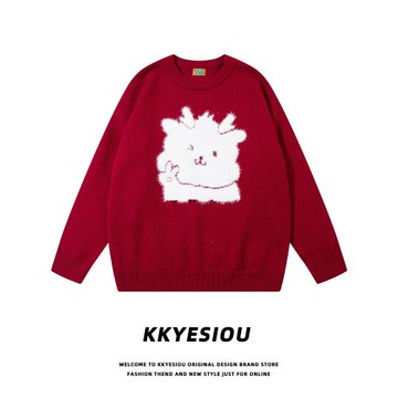 K787美式復古本命年2026新年情侶針織衫男女休閑馬年紅色植絨毛衣