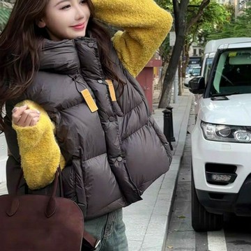 復古連帽羽絨棉服馬甲女2025秋冬季新款時尚寬松顯瘦免洗亮面背心鑫弘-素時衣櫥