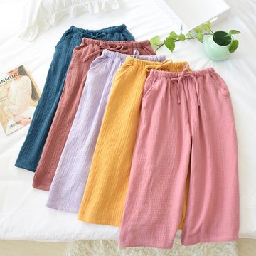 純棉男女情侶款七分褲睡褲雙層紗布家居褲縐布 柔軟輕薄透氣9-2