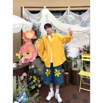 美式潮牌小花刺繡牛仔短褲夏季男直筒闊腿沙灘旅游休閑七分褲情侶