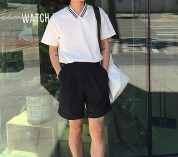 FINDSENSE MD 韓國 休閒 時尚 男 簡約 寬鬆 V領 螺紋 短袖T恤 特色T恤 素面T