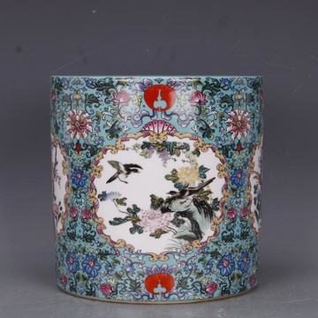 清乾隆琺瑯彩開光花鳥筆筒筆海仿古瓷器家居文房中式擺件古玩收藏1入