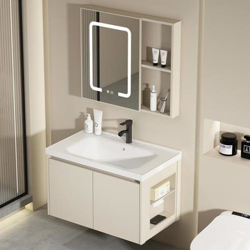 掛墻式奶油風側收納浴室 柜洗漱臺衛生間陶瓷一體洗手洗臉盆 柜組合拉車