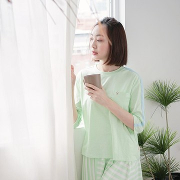 MIT有機棉拼接五分袖居家服-綠