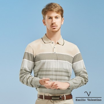 Emilio Valentino范倫鐵諾橫紋胸袋薄長袖POLO衫_米黃/灰(15-1V5965)