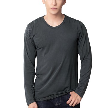 GIAT 吉亞特 男款捍溫吸濕發熱衣 圓領 灰藍條 XL