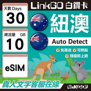 LINKGO白鑽卡 紐澳 eSIM卡 30天上網卡 總流量10GB 高速流量(紐澳網卡 紐西蘭 澳洲 虛擬卡)
