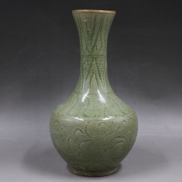 宋耀州窯刻花紋賞瓶手工仿古復古家居裝飾瓷器擺件老古董古玩收藏1入