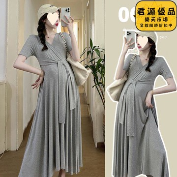 短袖洋裝 棉氣質修身V領長裙 超仙爆款孕婦連衣裙 綁帶A字短袖裙 連衣裙 孕婦裝 孕婦裙