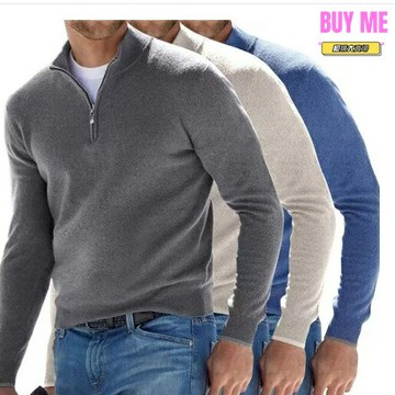 【親膚羊毛絨】男士Polo衫 長袖Polo衫 休閒上衣 商務男裝 秋季男裝 羊毛混紡 V領拉鍊設計 商務通勤 日常休閒