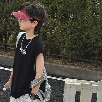ATL 兒童短袖 男童短袖 中大童上衣 男童夏裝純棉無袖背心新款韓版中大童裝坎肩薄款寬松字母T恤上衣