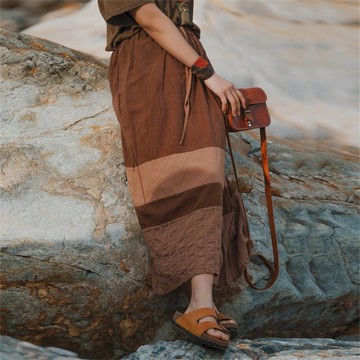 2顏色 油絲棉麻植物染鬆緊腰繫帶半裙 半身長裙