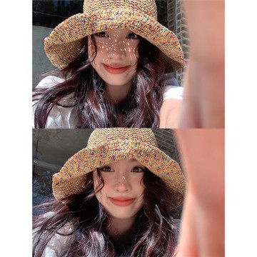 馨幫幫 夏季鏤空防曬遮陽帽透氣不悶熱彩色度假風寬檐編織草帽女