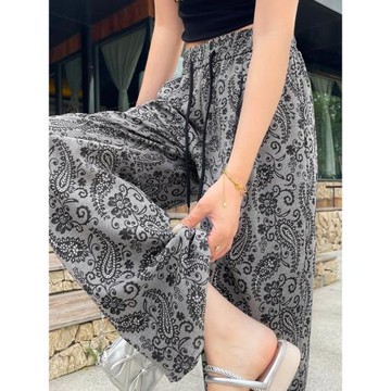 復古印花緞面冰絲褲子女夏季薄款腰果花窄版寬松闊腿褲遛彎防曬褲