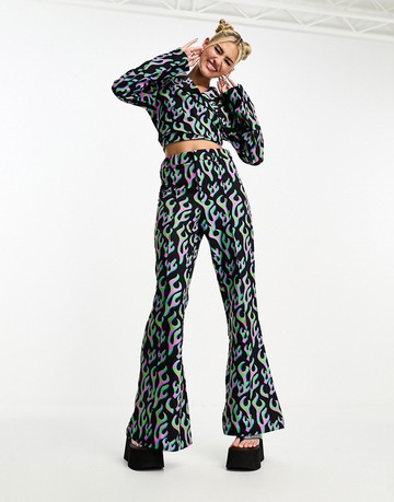 House of Holland suit flared trousers green and pink flame print-Black