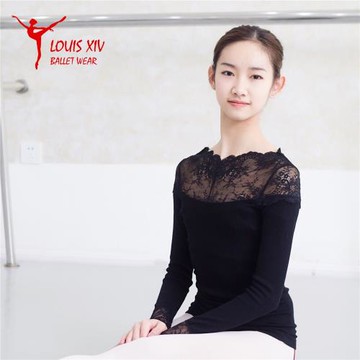 LOUIS XIV芭蕾舞練功女成人瑜伽體操舞蹈保暖長袖上衣 蕾絲一字肩
