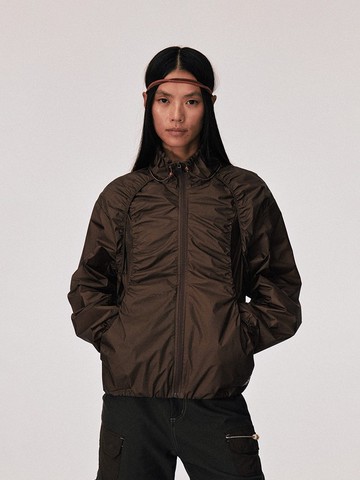 日系復古 / 紙感立領沖鋒衣外套 / 串珠橡筋