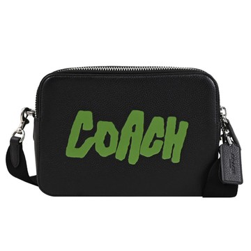 COACH CBN34 CHARTER 24 塗鴉LOGO雙層雙拉鍊斜背包.黑/綠