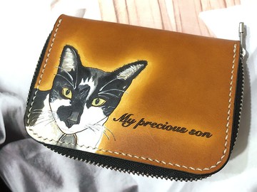 【客製化禮物】貓狗彩繪拉鏈零錢包 真皮全手縫