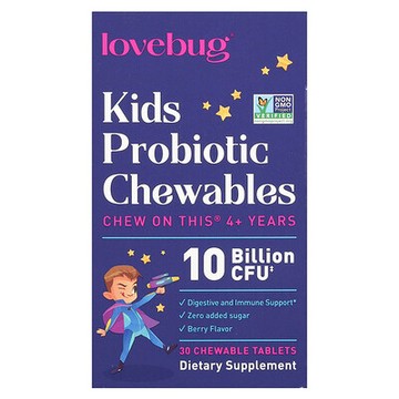 LoveBug Probiotics, 兒童益生菌咀嚼片，4 歲以上，漿果味，100 億 CFU，30 片