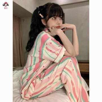 臺灣出貨 女生睡衣 短袖長褲 睡衣套裝 涼感睡衣ins風粉色多巴胺條紋睡衣女夏季薄款短袖長褲甜美網紅少女家居服