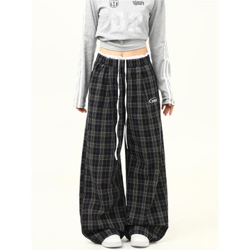 野生阿子美式復古格子闊腿雙腰頭休閑褲女寬松直筒垂感拖地褲子