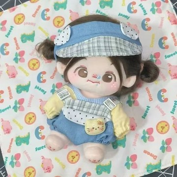 臺灣出貨 15CM/20CM娃衣 小貓格子揹帶褲爬爬服 遮陽帽棉花娃娃娃衣套裝 手作娃衣 娃娃配件 娃娃裝