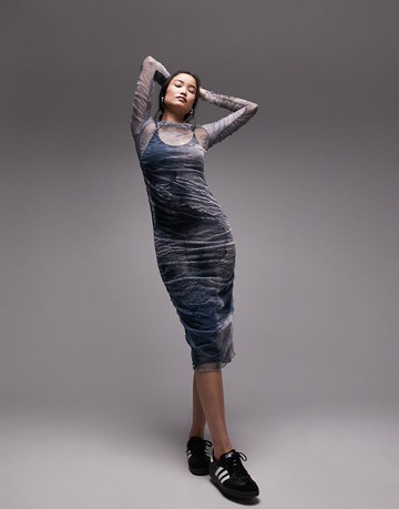 Topshop crinkle mesh shirred midi dress in blue and grey-Multi