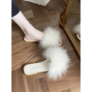 仙氣毛毛拖鞋女新款外穿伴娘涼拖配裙子羽毛一字新娘婚禮晨袍婚鞋