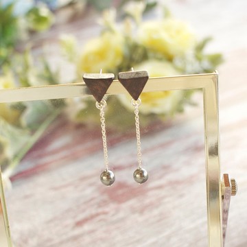 三角形原木 墜吊珍珠 手工耳環 純銀耳針 禮物訂製