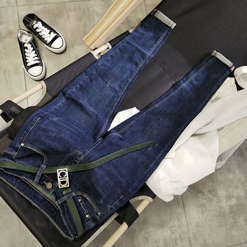 顯瘦！韓國chic風提臀深藍高腰牛仔褲女秋季彈力緊身小腳褲長褲潮