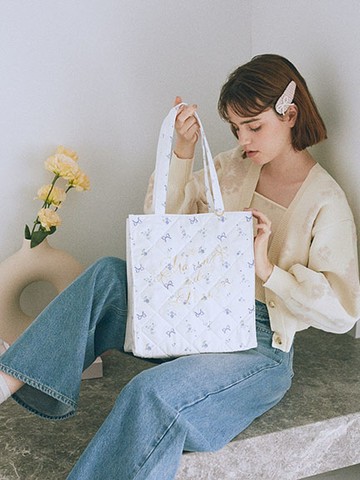 碎花x蝴蝶結印花菱格紋方形手提袋(08000830600) - Maison de FLEUR