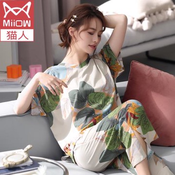 貓人睡衣女夏莫代爾棉綢短袖七分褲家居服中年薄款可外穿大碼套裝