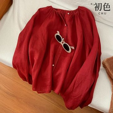 初色 復古簡約休閒寬鬆圓領褶皺排扣縮口袖長袖襯衫上衣女上衣-紅色-19031(M-2XL可選)