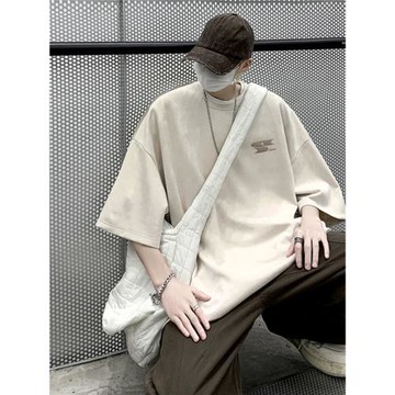 麂皮絨歐美潮牌t恤男款夏季oversize美式高街七分袖350g重磅短袖