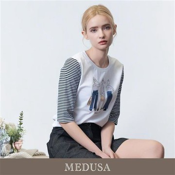 現貨【MEDUSA 曼度莎】可愛女孩插畫條紋拼袖T恤（M-XL）｜女短袖T恤 女休閒上衣 女上衣