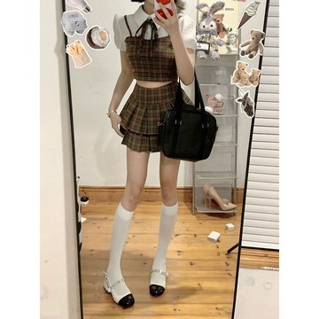 爆款直降價 學院風 套裝 甜辣 純欲 韓系 裙子  日系學院風jk制服套裝女夏季假兩件格紋襯衫高腰百褶半身裙兩件套