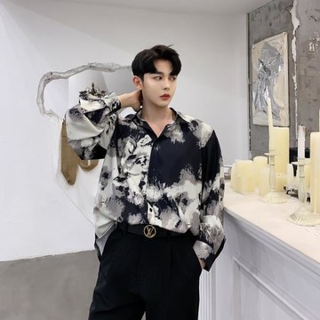 男士個性潑墨圖案寬松長袖襯衫設計款秋季休閑薄款發型師花襯衣潮
