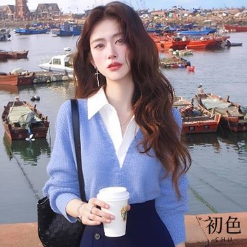 初色 簡約拼接寬鬆修身翻領長袖假兩件針織衫上衣女上衣-共2色-17706(F可選)