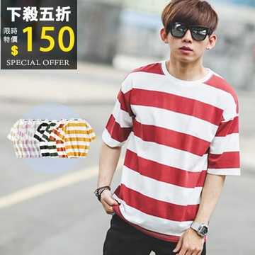 【NB0241J】落肩 寬橫條紋圓領短T(PA-DD082)