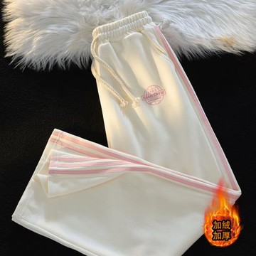 側邊三條杠杏色運動衛褲女2026新款街頭寬松直筒垂感闊腿休閑褲子