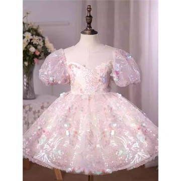 藍色亮片兒童禮服女童公主裙生日周歲女寶寶走秀主持人鋼琴表演服