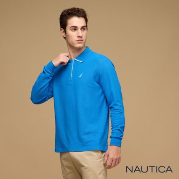 Nautica男裝 跳色領口長袖POLO衫-藍色