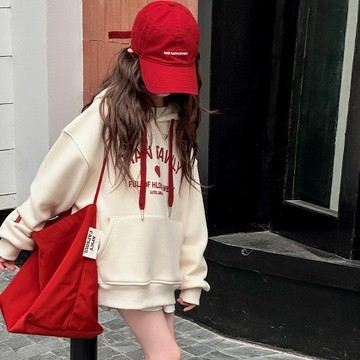 【中大女童/親子裝】愛心字母刷絨連帽休閒上衣