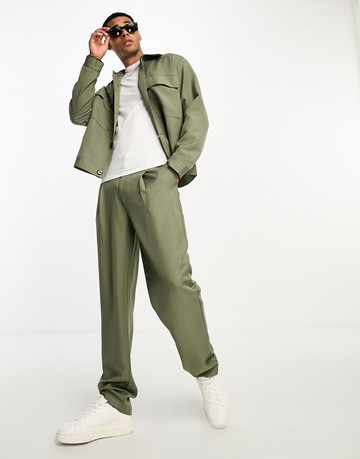 ADPT loose fit high waisted suit trousers co-ord in khaki-Green
