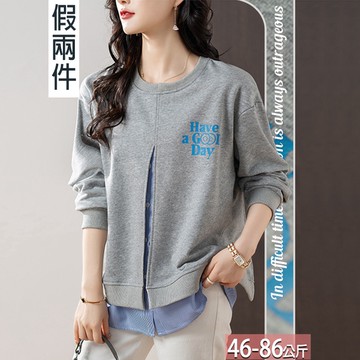 假兩件圓領印花大開衩拚條紋上衣 M-4XL【954310X】【現+預】☆流行前線☆