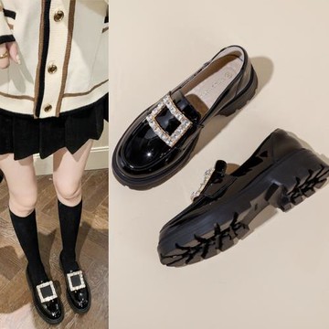 真皮樂福鞋英倫風小皮鞋女2025春秋新款水鉆厚底松糕黑色休閑單鞋