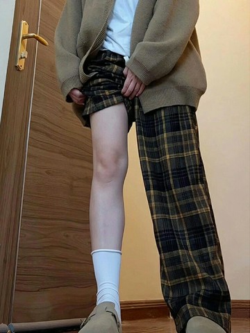 美拉德咖色復古格子褲女秋冬季加絨加厚闊腿運動褲小個子休閑衛褲