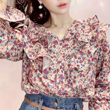 BBHONEY 韓風 小清新碎花荷葉邊雪紡襯衫上衣